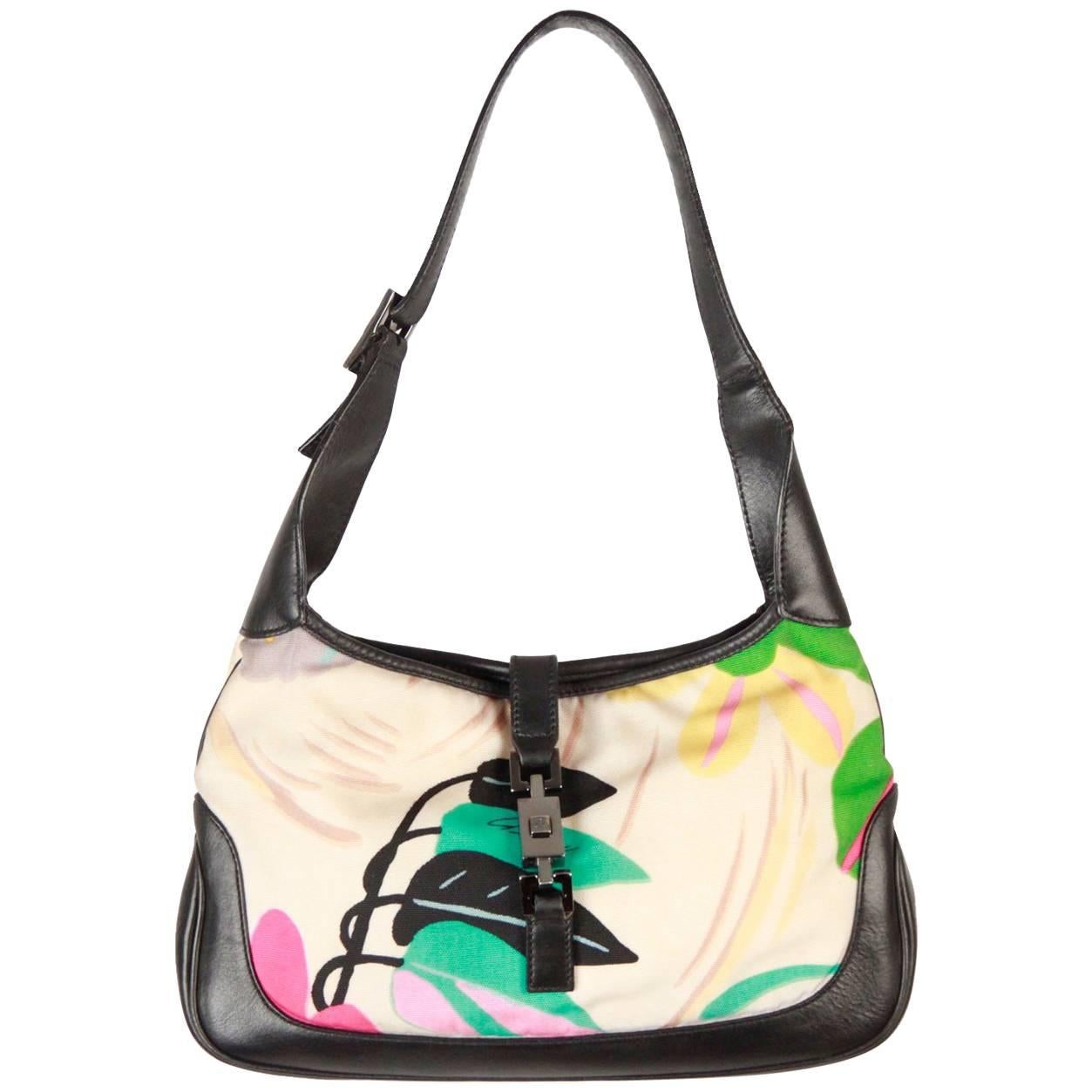 GUCCI Floral Canvas & Black Leather HOBO JACKIE O