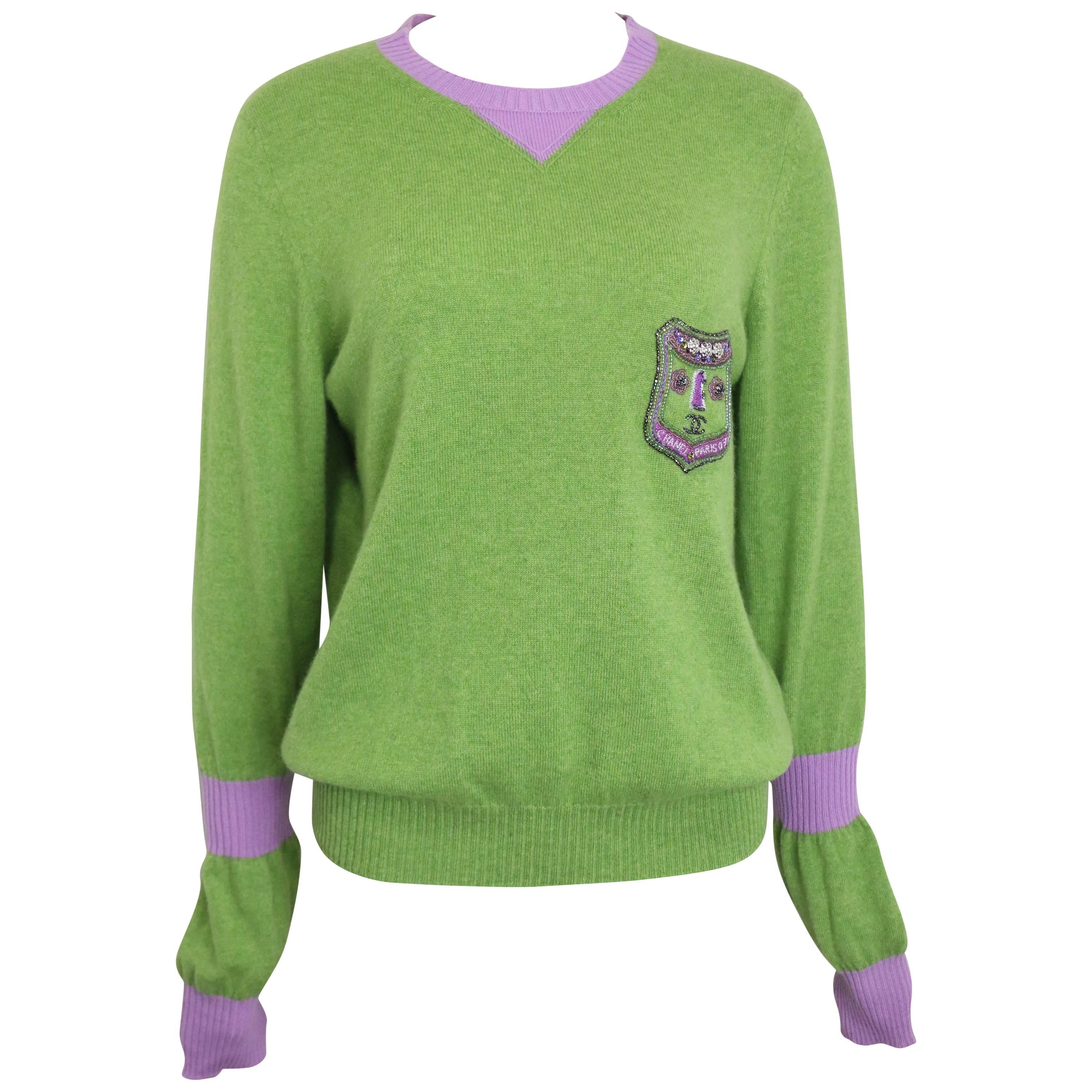 Chanel Green and Purple Cashmere Sweater  For Sale