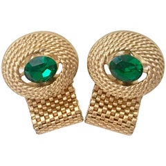 Vintage 60'S Gold Plate Metal Mesh & Emerald Swarovski Crystal Cuff Links By, Dante