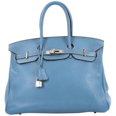 Hermes Birkin Handbag Blue Jean Clemence with Palladium Hardware 35