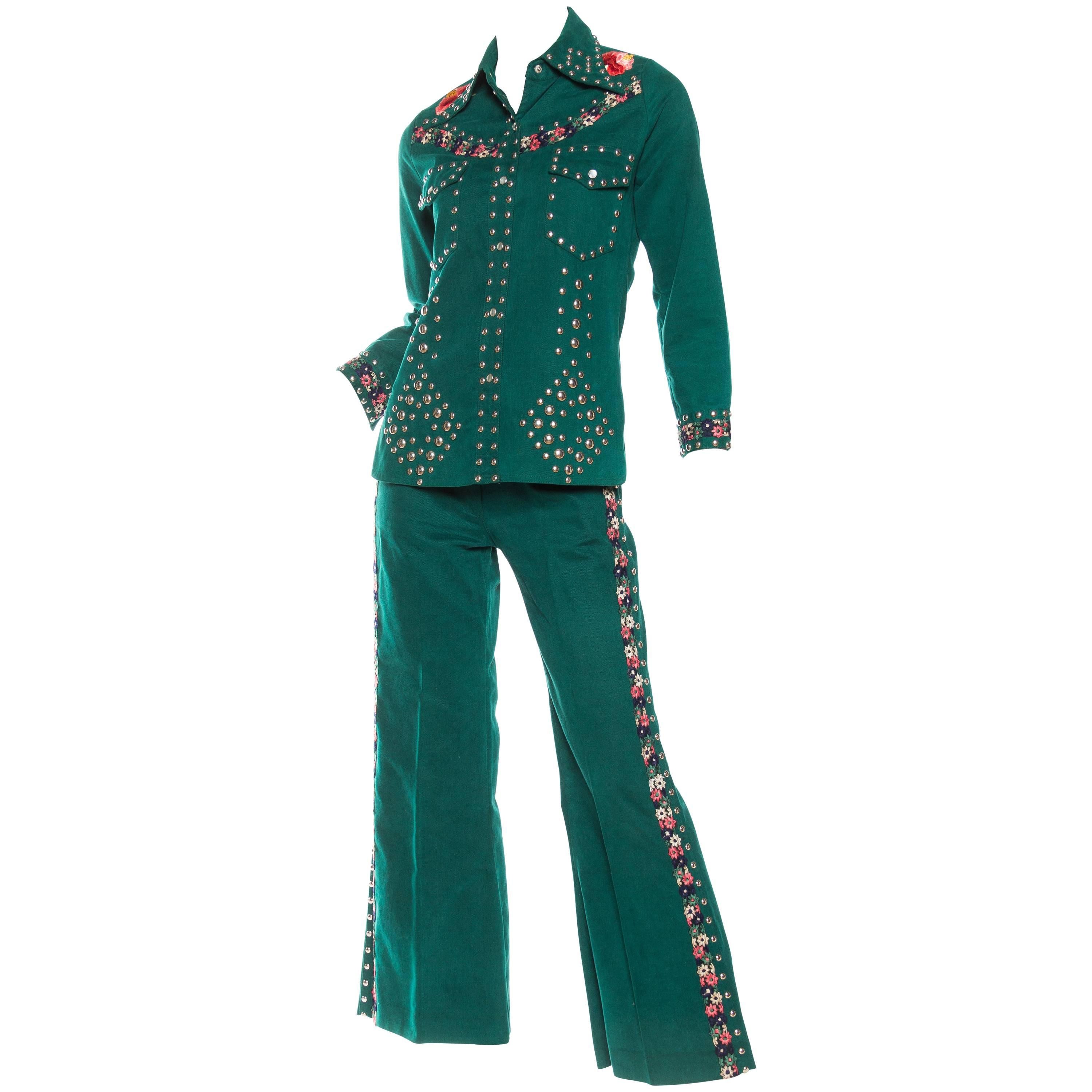 Gucci Style 1970s Studded Denim Suit with Floral Embroidery