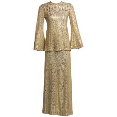 Vintage 1970s Mollie Parnis Lurex and Sequin Gold Tunic Maxi Skirt Shawl Set Documented