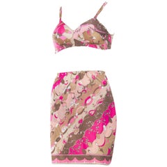 1960S EMILIO PUCCI Pink Nylon Jersey Bra, Panties, And Skirt Slip Ensemble