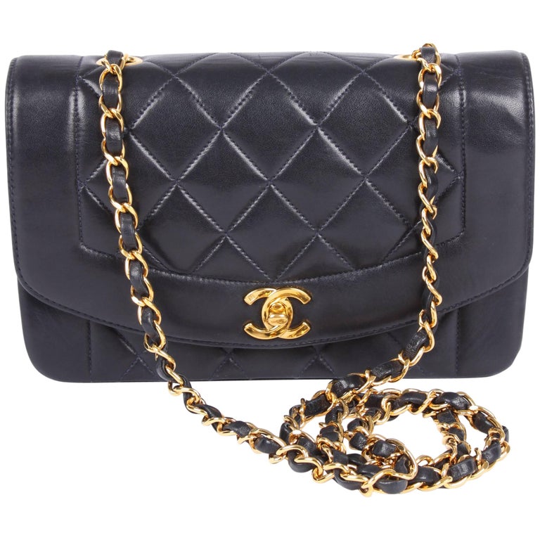 Chanel Vintage Diana Single Flap Bag dark blue leather 1995 at