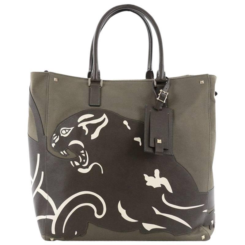 Valentino Panther Tote Canvas with Leather