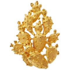 1970'S Gold Plate Dimensional & Textured Cactus Brooch By, Tortolani