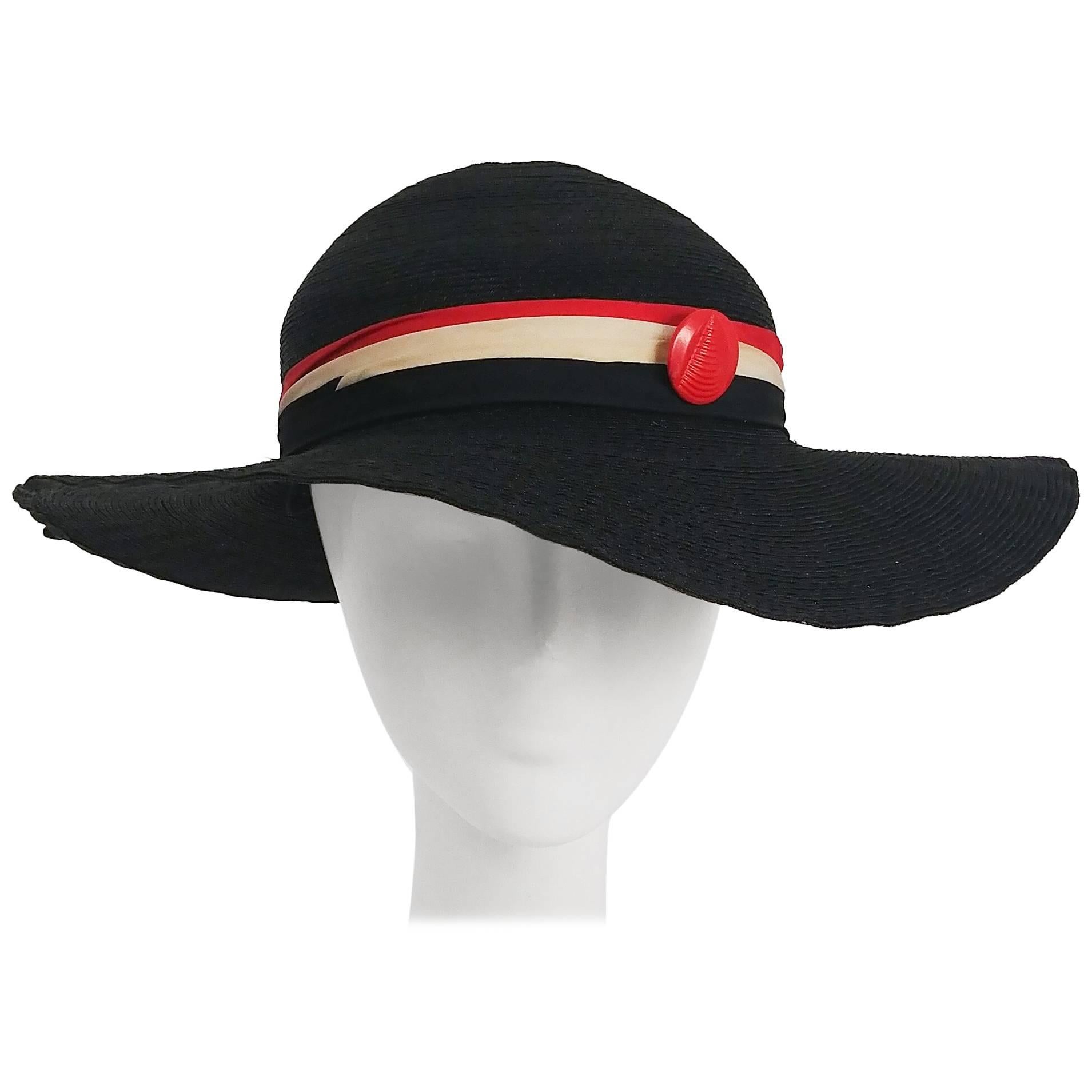 1930s Black Straw Sun Hat w/ Red & White Silk Ribbon Trim