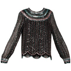Judith Ann Vintage Black Silk Sequin + Beaded Scalloped Dress Top or Shirt