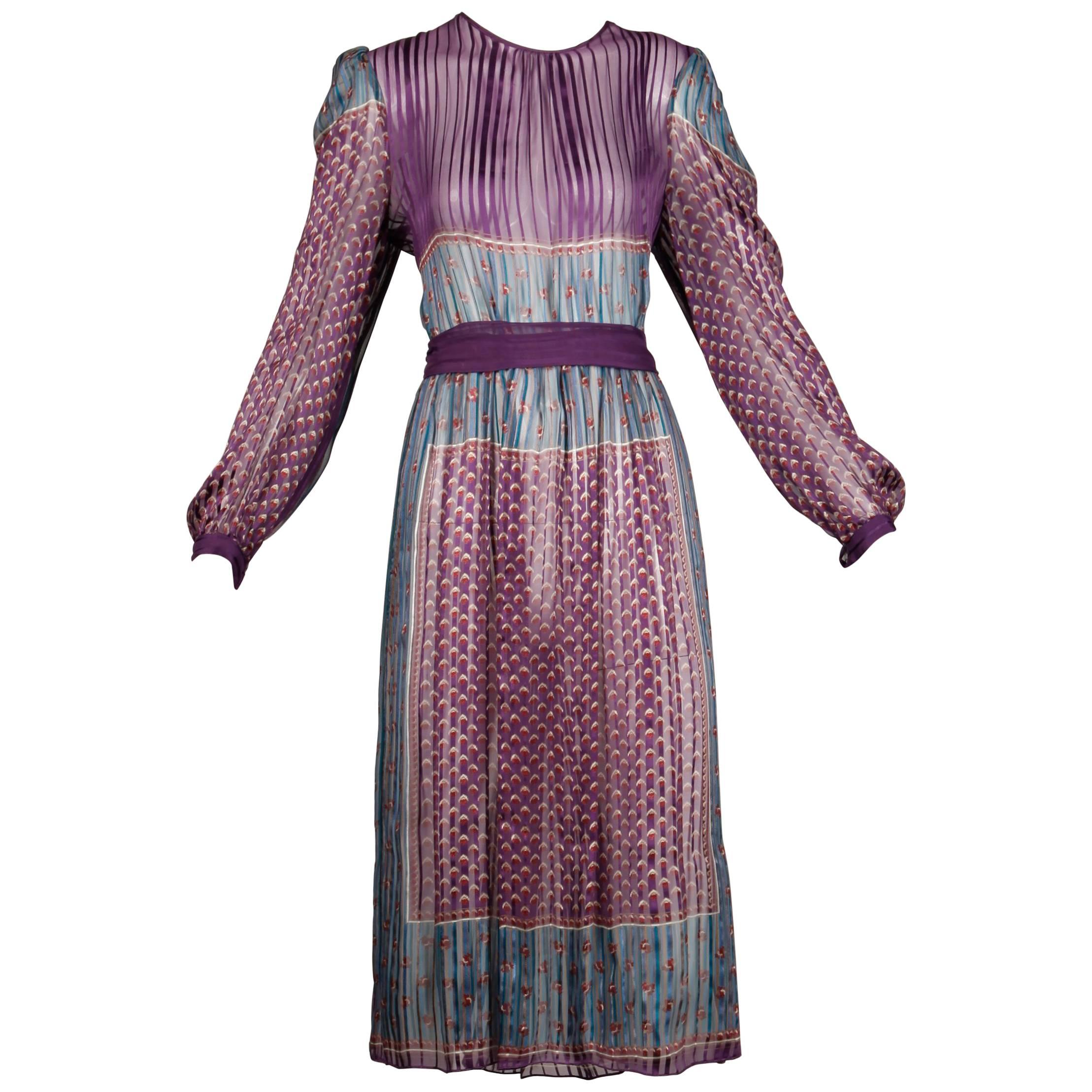 1970 Vintage Paper Thin Indian Print Silk Dress + Sash by The Silk Farm