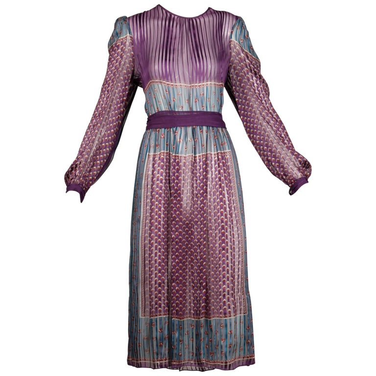 1970 Vintage Paper Thin Indian Print Silk Dress + Sash by The Silk Farm For Sale