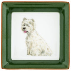 Hermes Porcelain White Green Terrier Dog Desk Table Trinket Dish Tray in Box