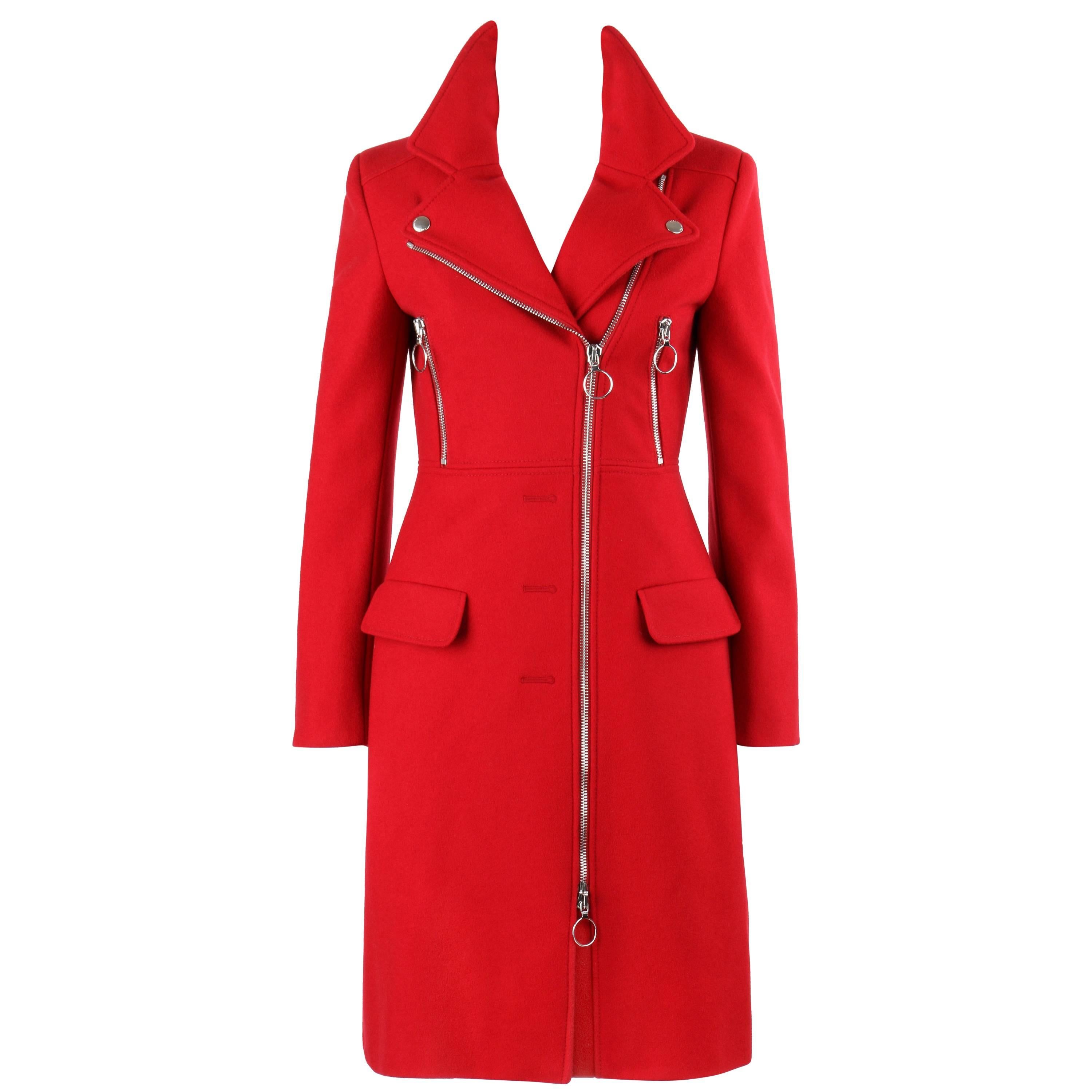 MOSCHINO Cheap & Chic Red Wool Side Zip Motorcycle Car Coat NWT For Sale