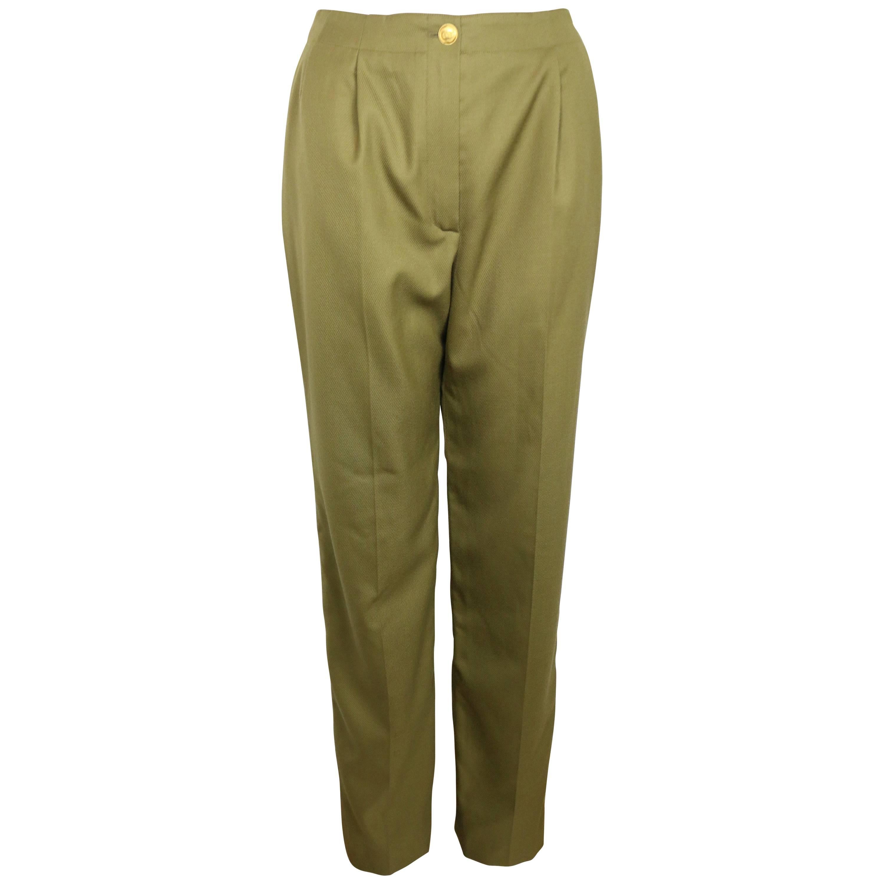 1996 A/W Chanel Army Green Wool Military Style Straight Leg Pants