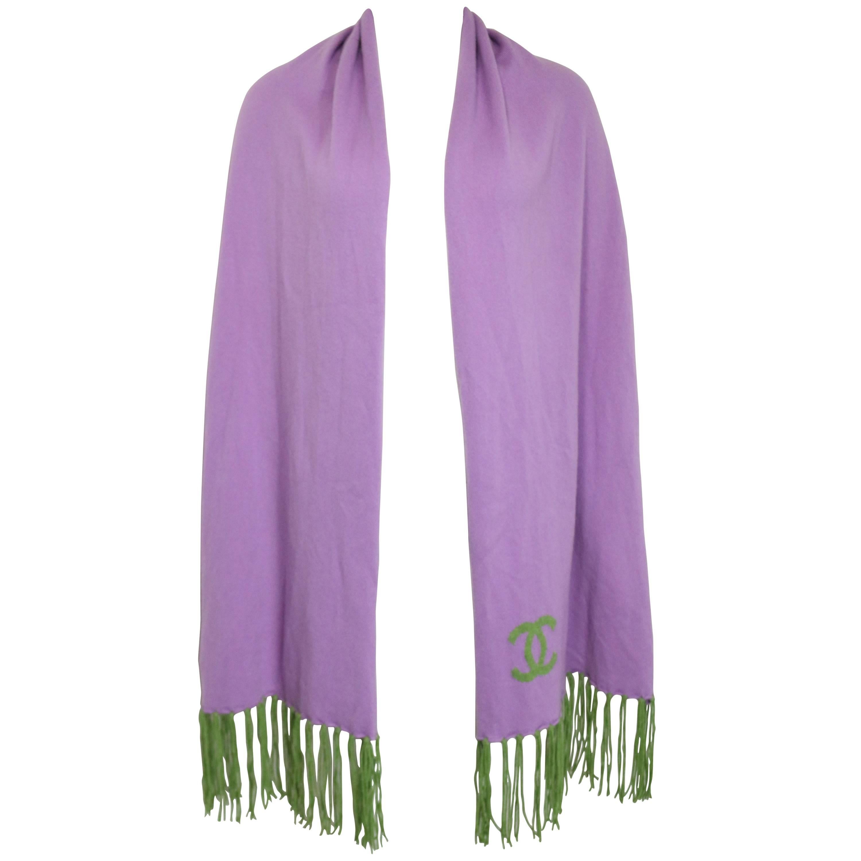 Chanel Purple Cashmere "CC" Scarf with Green Fringe 
