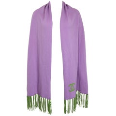 Chanel Purple Cashmere "CC" Scarf with Green Fringe