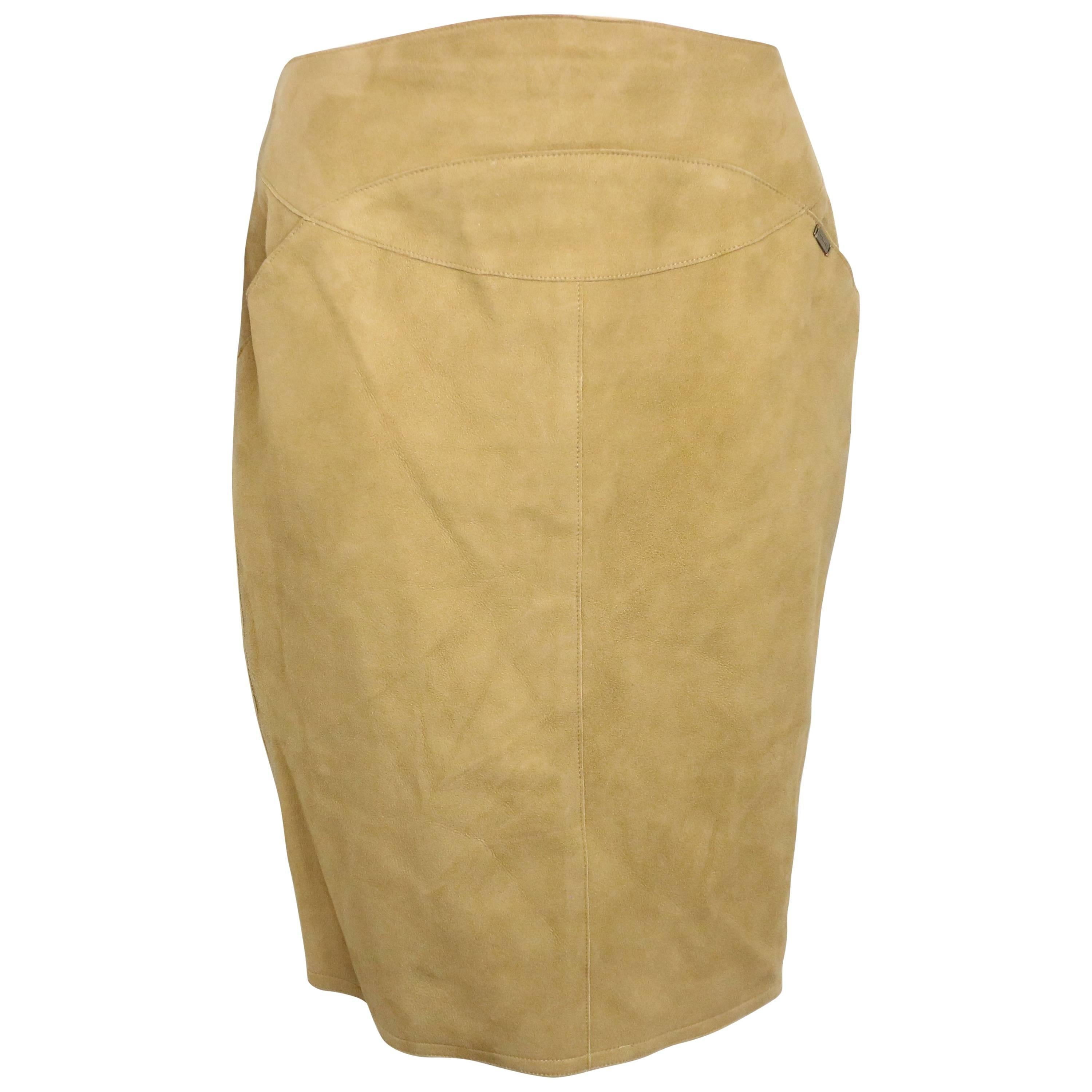 1999 Chanel Beige Suede Lambskin Leather Knee Length Pencil Skirt 