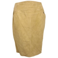 Vintage 1999 Chanel Beige Suede Lambskin Leather Knee Length Pencil Skirt 