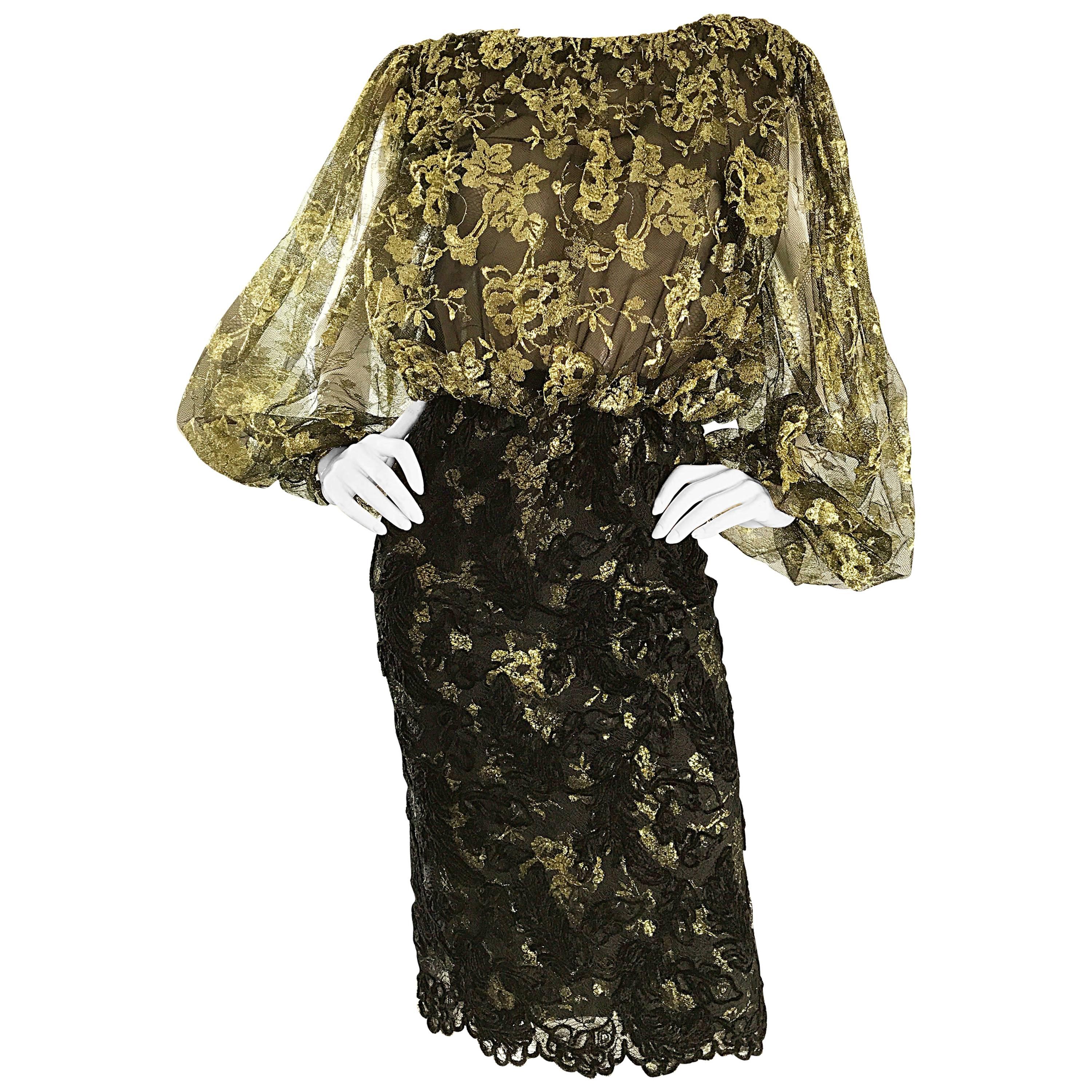 Bill Blass Vintage Gold and Black Size 6 Chantilly Lace Cocktail Dress