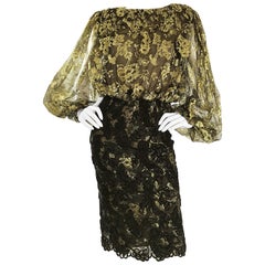 Bill Blass Vintage Gold and Black Size 6 Chantilly Lace Cocktail Dress