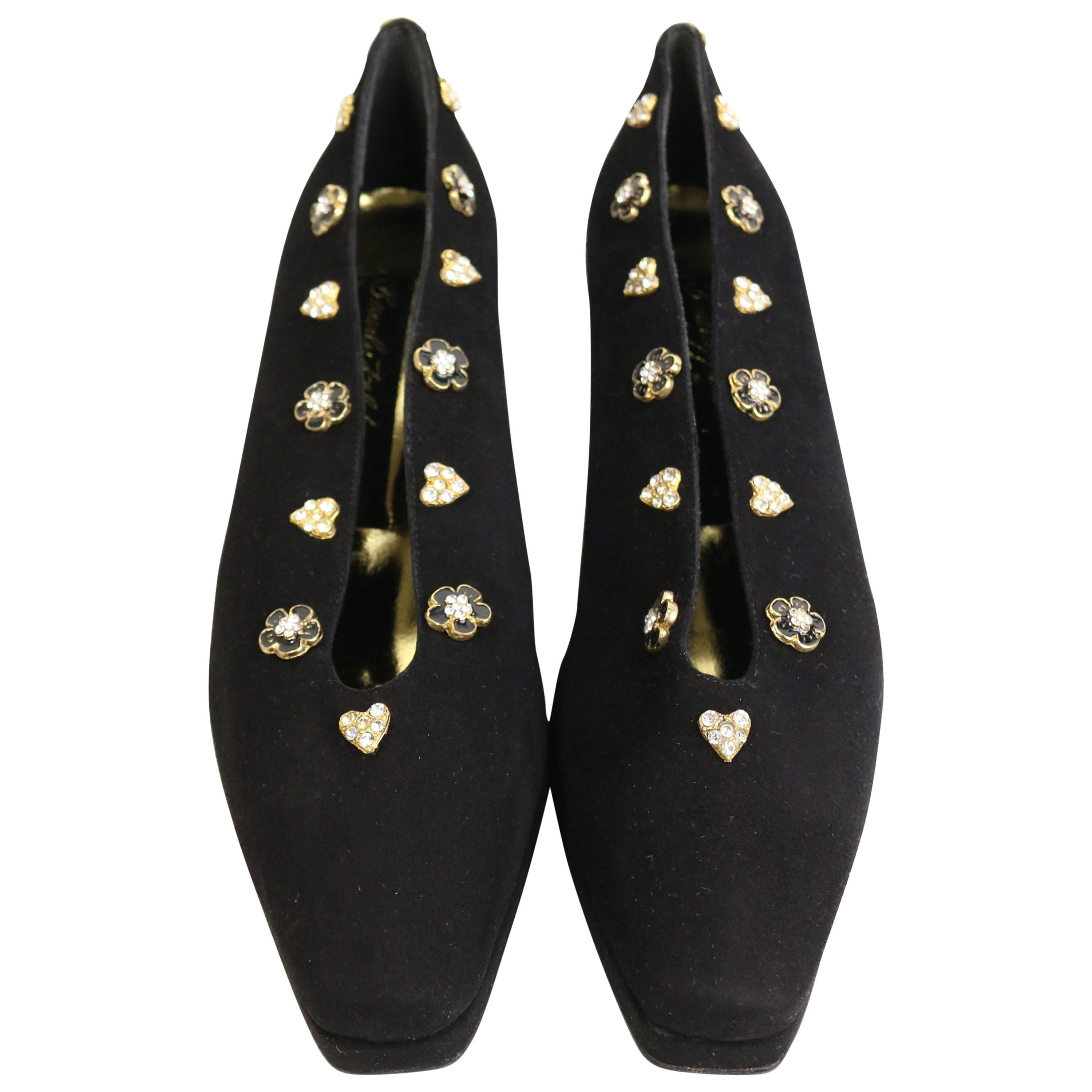 Beverly Feldman Black Suede Flower and Heart Rhinestone Charms Shoes 