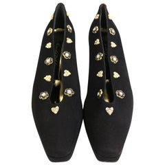 Retro Beverly Feldman Black Suede Flower and Heart Rhinestone Charms Shoes 