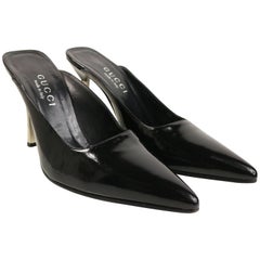 Gucci by Tom Ford Black Patent Leather Pointy Mules with Silver Metal Heels