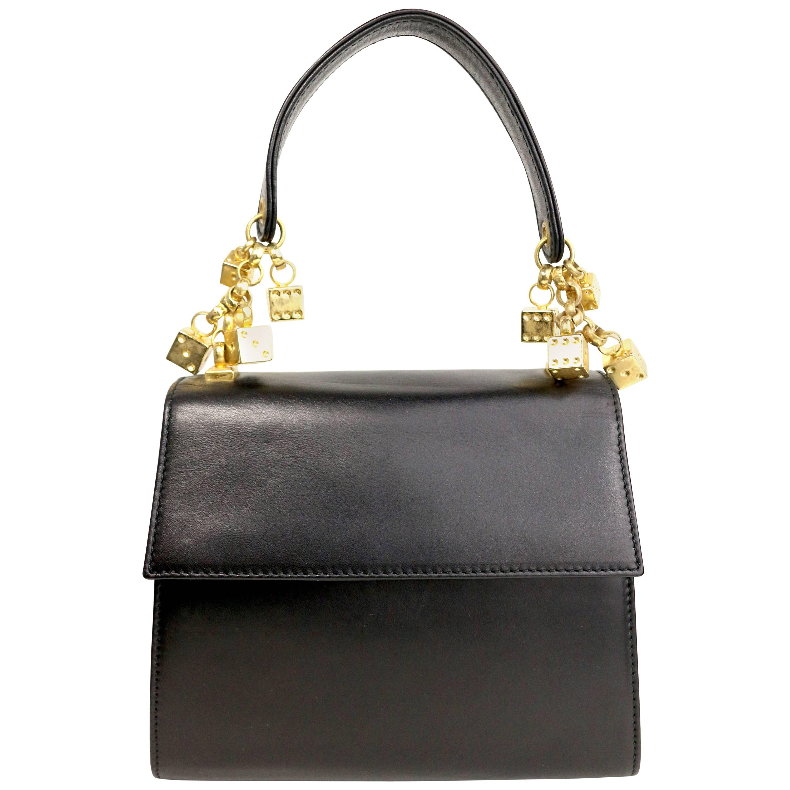 Escada Black Leather Gold Dices Flap Handbag 