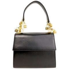 Vintage Escada Black Leather Gold Dices Flap Handbag 