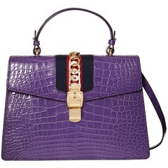 Used 2016 Gucci Violet Cyclamen Alligator Leather Sylvie Top Handle Tote