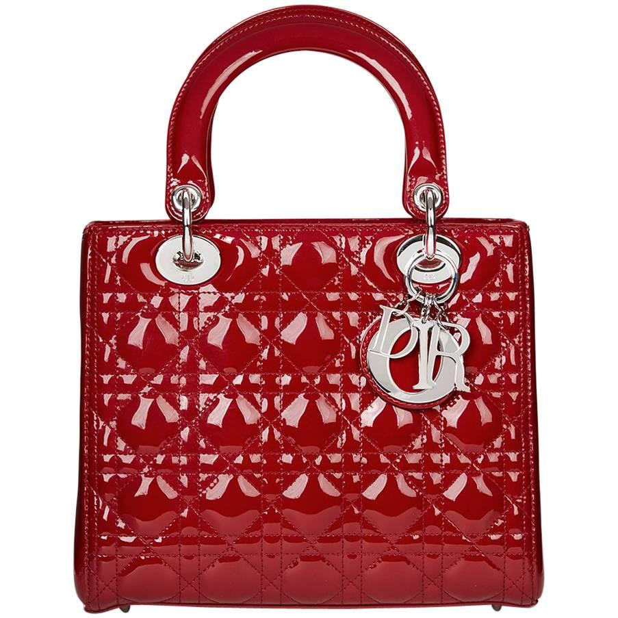 2012 Dior Deep Red Quilted Patent Leather Medium Lady Dior
