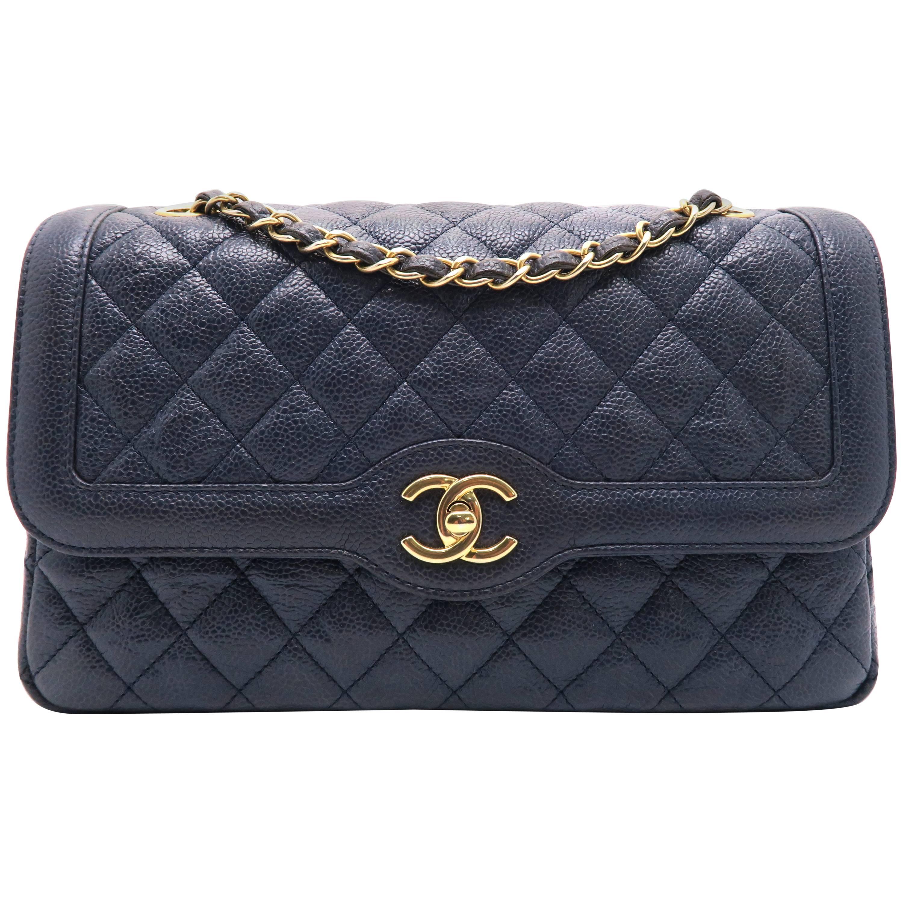 Chanel Blue Quilting Caviar Leather Gold Metal Chain Shoulder Flap Bag For Sale