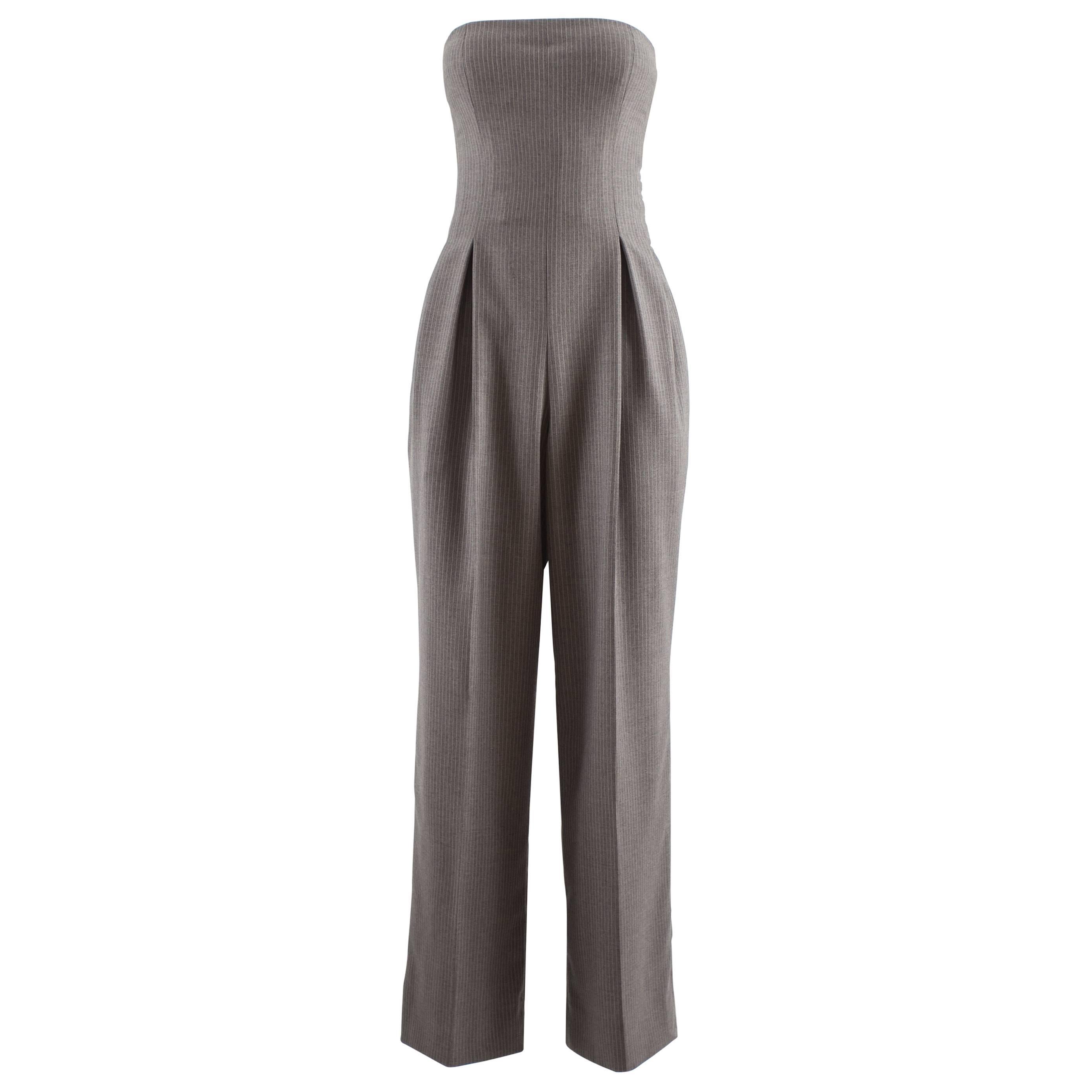 John Galliano for Givenchy Autumn-Winter 1996 grey pinstripe strapless jumpsuit For Sale