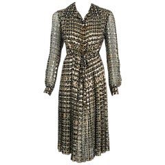 1975 Chanel Haute-Couture Metallic Black White Graphic Pleated Silk Belted Dress 9