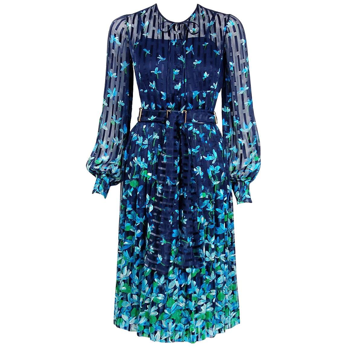 1974 Chanel Haute-Couture Blue Floral Illusion Silk Billow-Sleeve Belted Dress