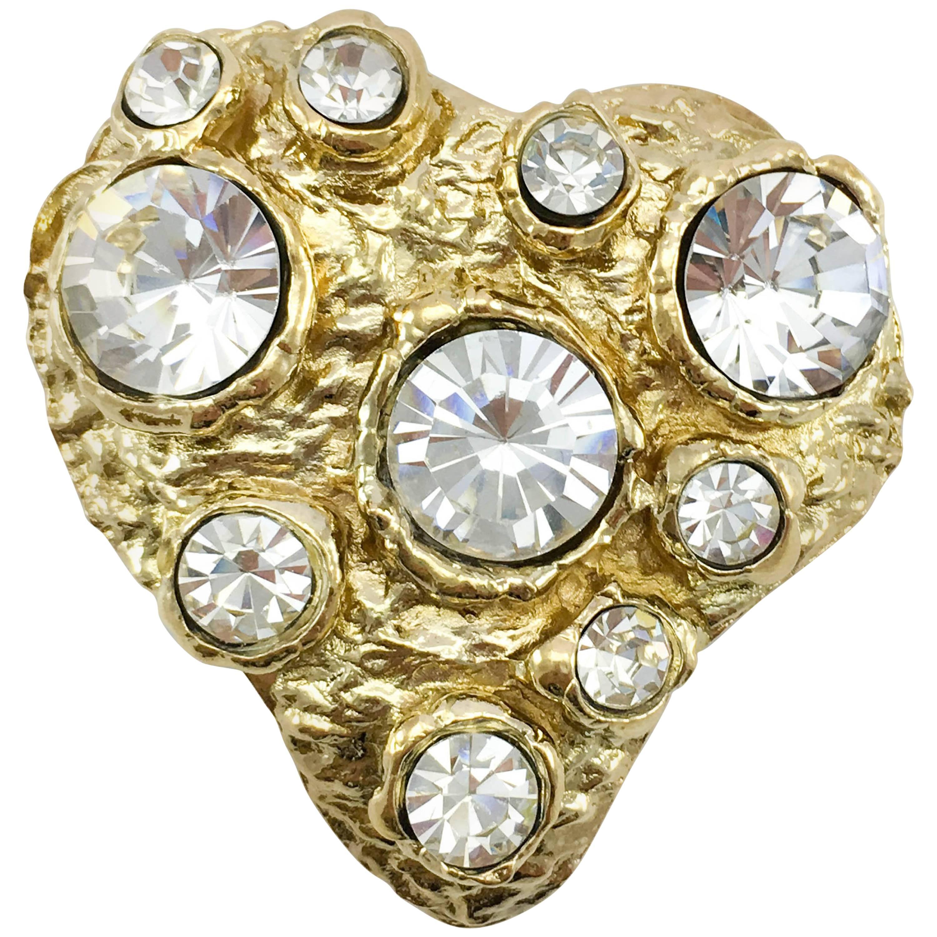 1980s Lacroix Crystal Embellished Gold-Plated Heart Brooch