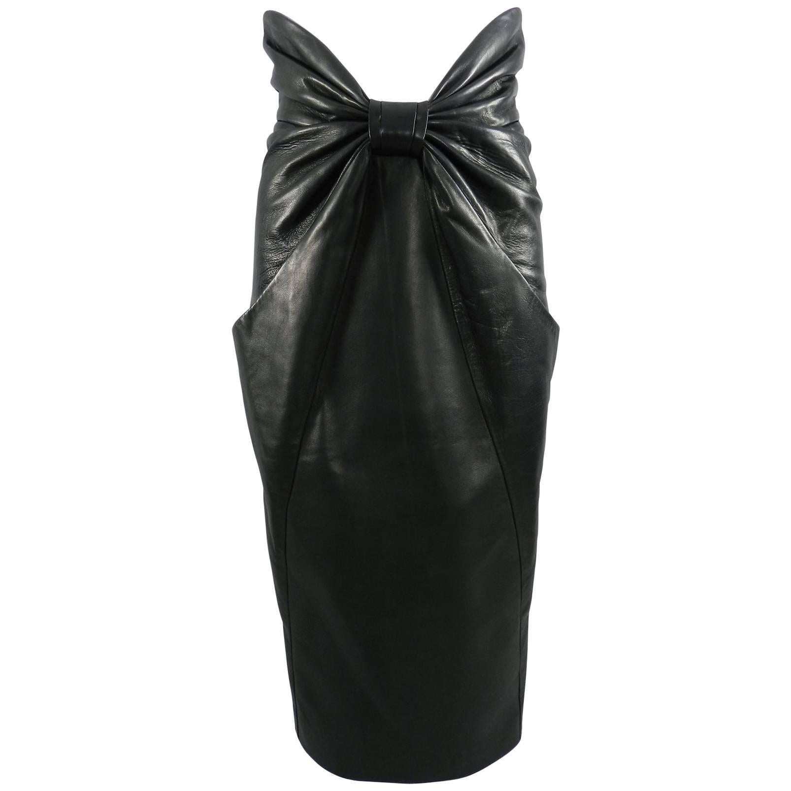 Balmain Pre Fall 2014 Black Leather High Waist Ruched Midi Skirt 