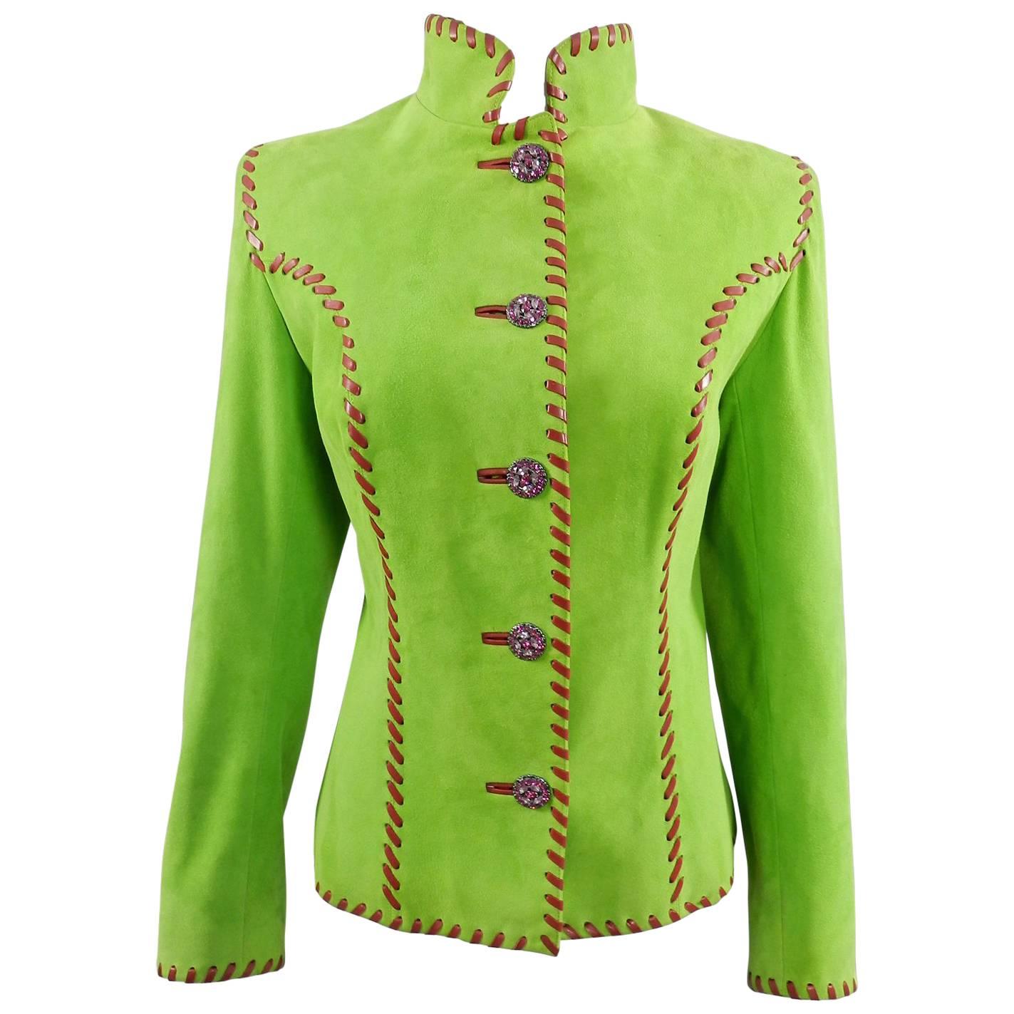 Yves Saint Laurent AW 1999 Haute Couture Lime Green and Fuchsia Suede Jacket For Sale
