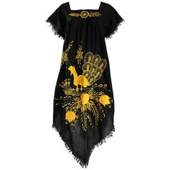 Vintage 1970s Black and Yellow Handkerchief Scarf Hem Mexican Embrodiered Caftan Dress