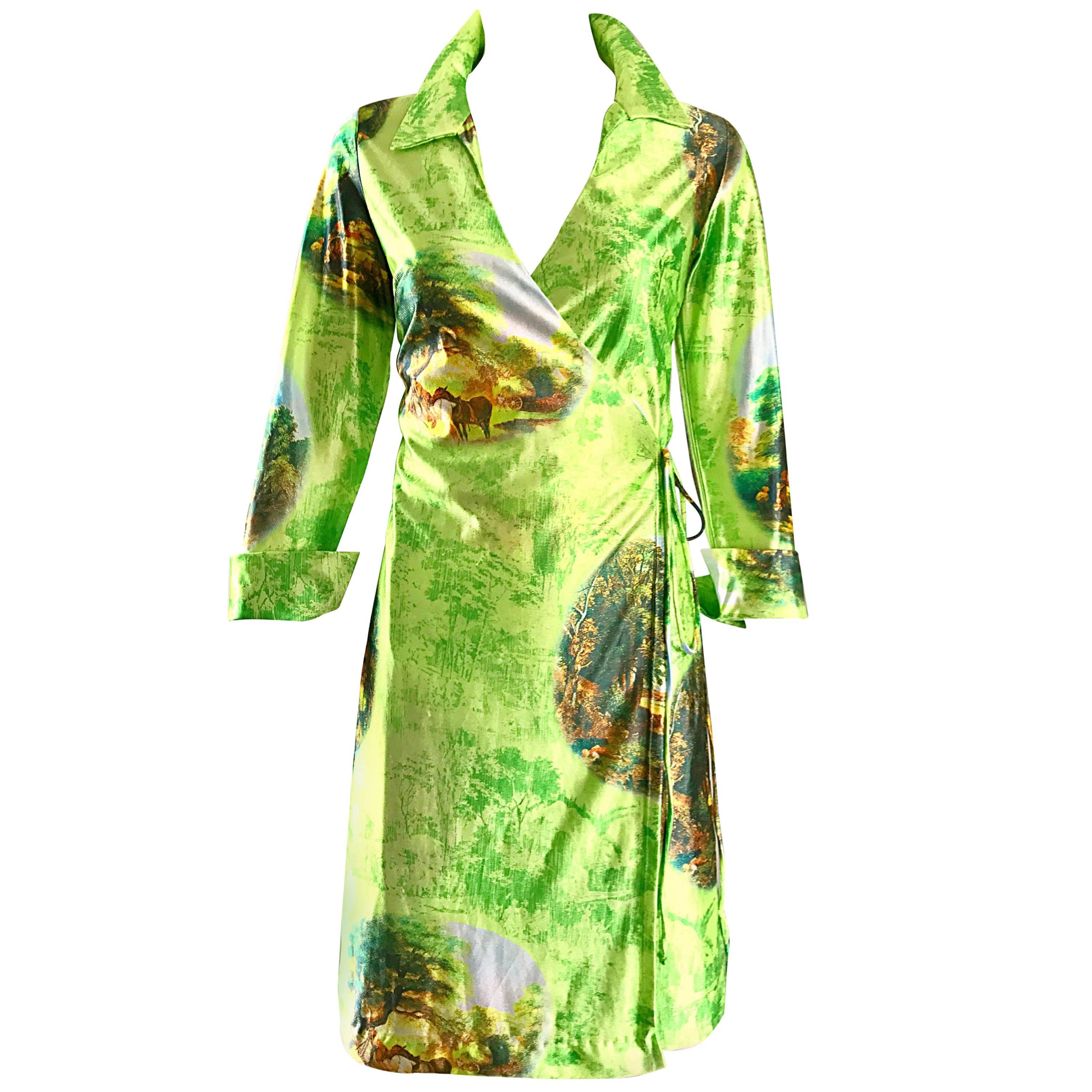 Fabulous 1990s Does 1970s Neon Green Novelty Horse Print Vintage 90s Wrap Dress For Sale