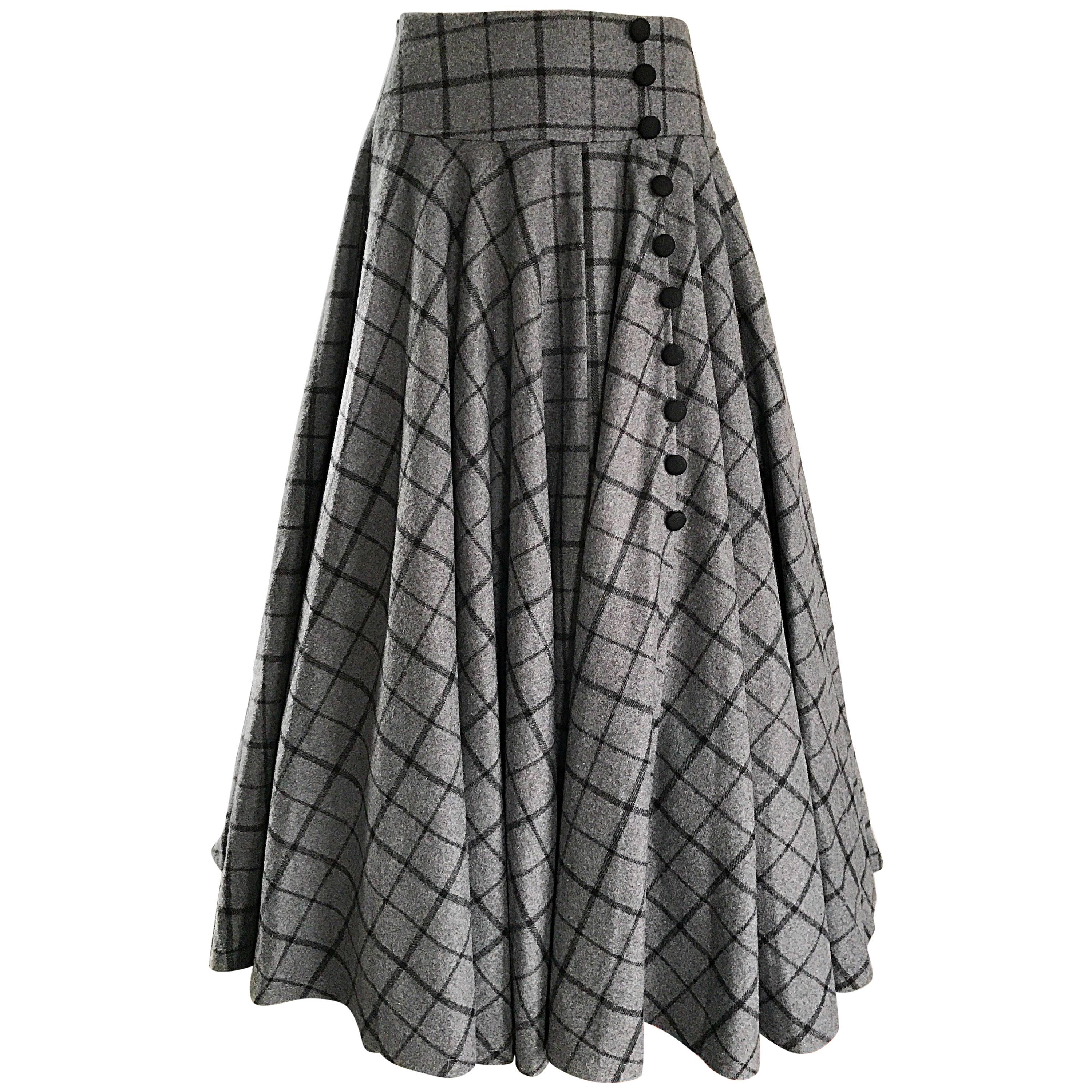 1950s Grey and Black Windowpane Checkered Print Wool Vintage 50s Maxi Skirt