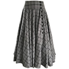 1950s Grey and Black Windowpane Checkered Print Wool Vintage 50s Maxi Skirt