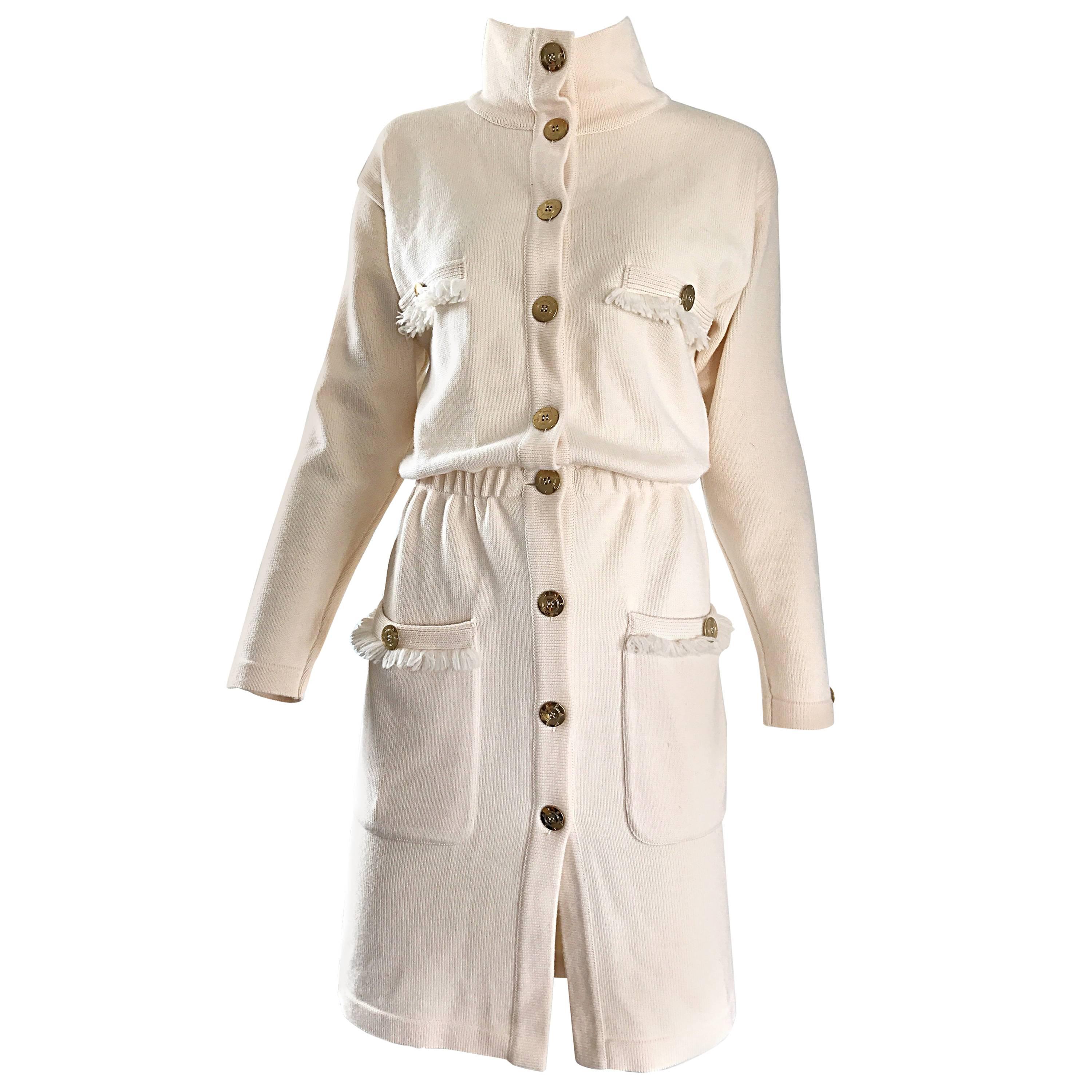 Vintage Escada by Margaretha Ley Ivory Wool + Cashmere 1990s 90s Sweater Dress