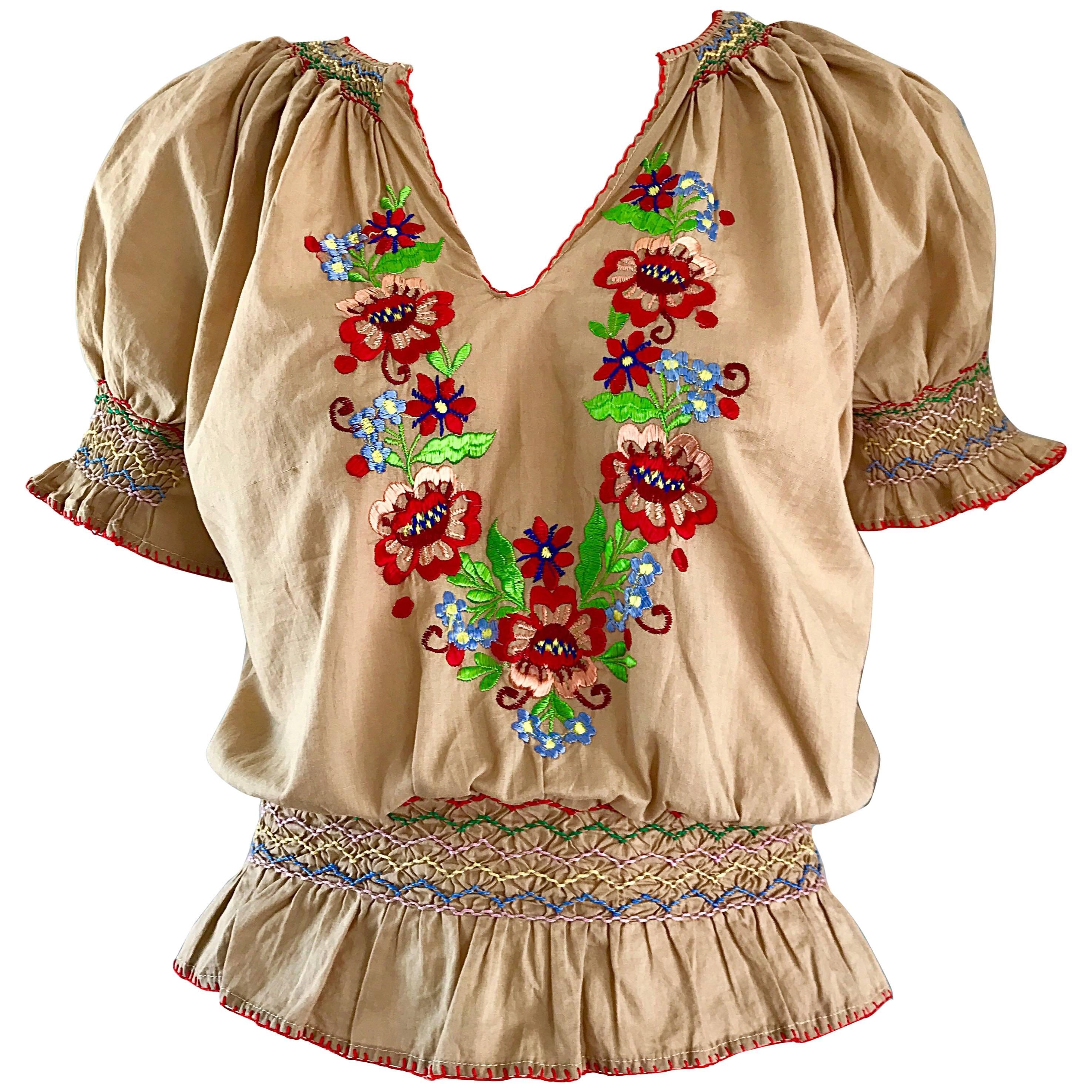 1940s Hungarian Embroidered Khaki Peasant Vintage 40s Smocked Crop Top Blouse 