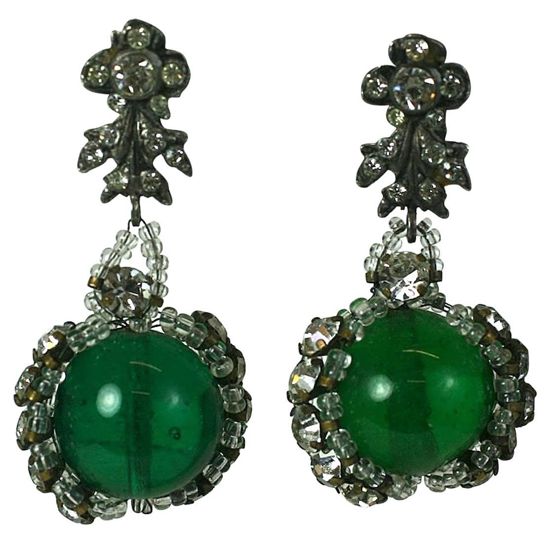 Rousselet Emerald Pate de Verre and Embroidered Earrings For Sale