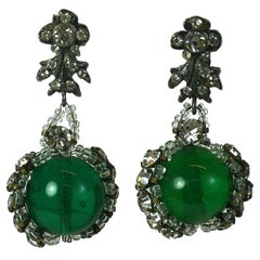 Vintage Rousselet Emerald Pate de Verre and Embroidered Earrings