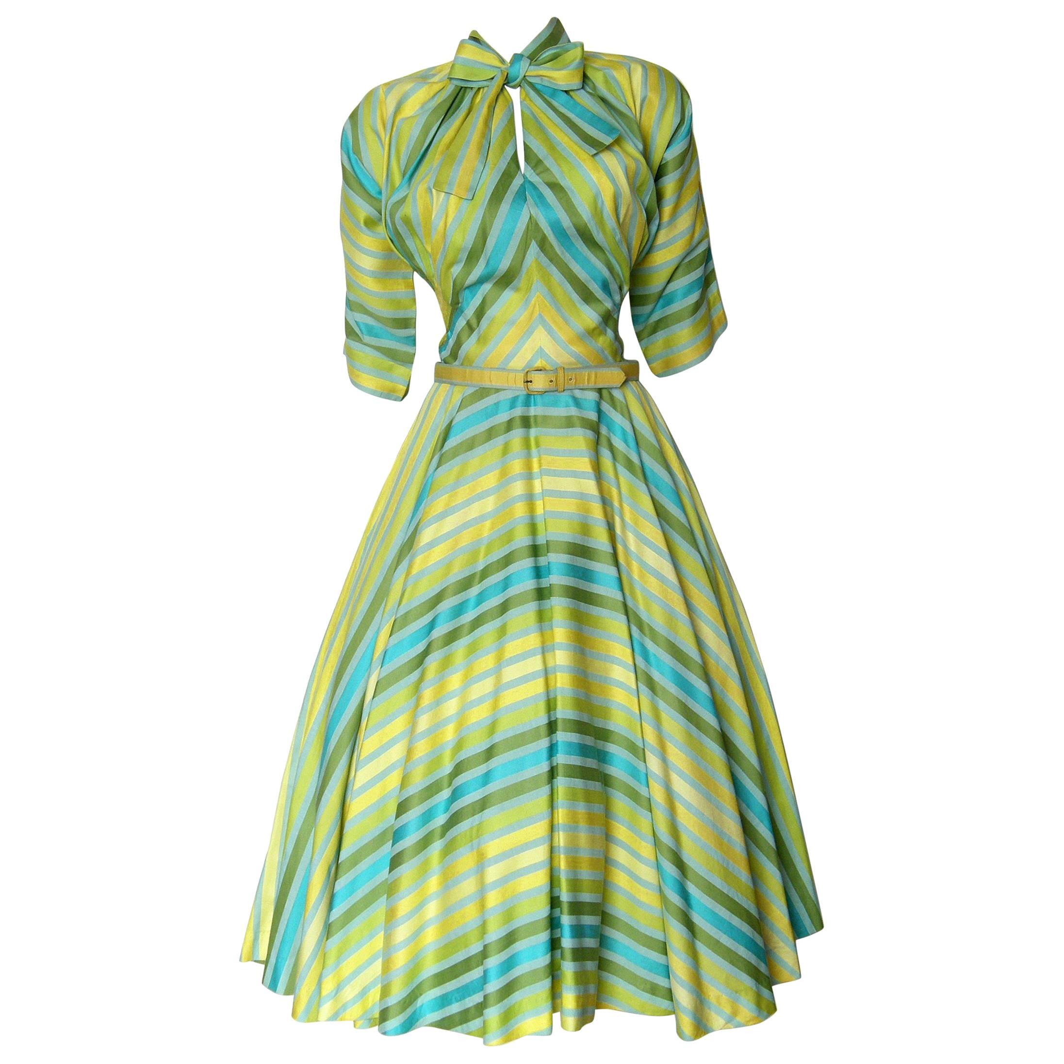 Claire McCardell Cotton Day Dress with Miter Striped Bodice and Neck Bow