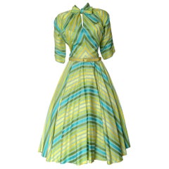 Claire McCardell Cotton Day Dress with Miter Striped Bodice and Neck Bow