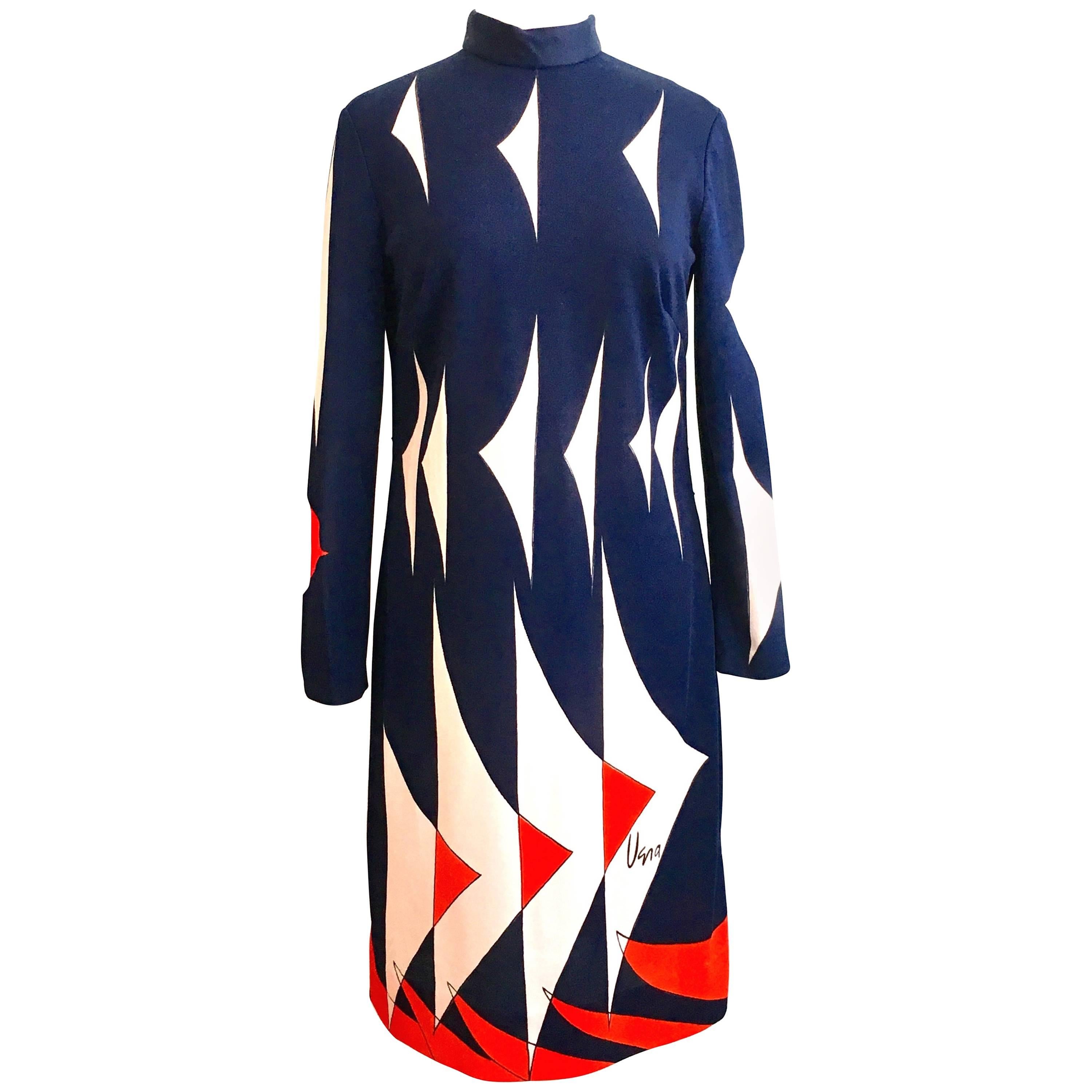 1970s Vera Neumann Red, White and Blue Graphic Dress