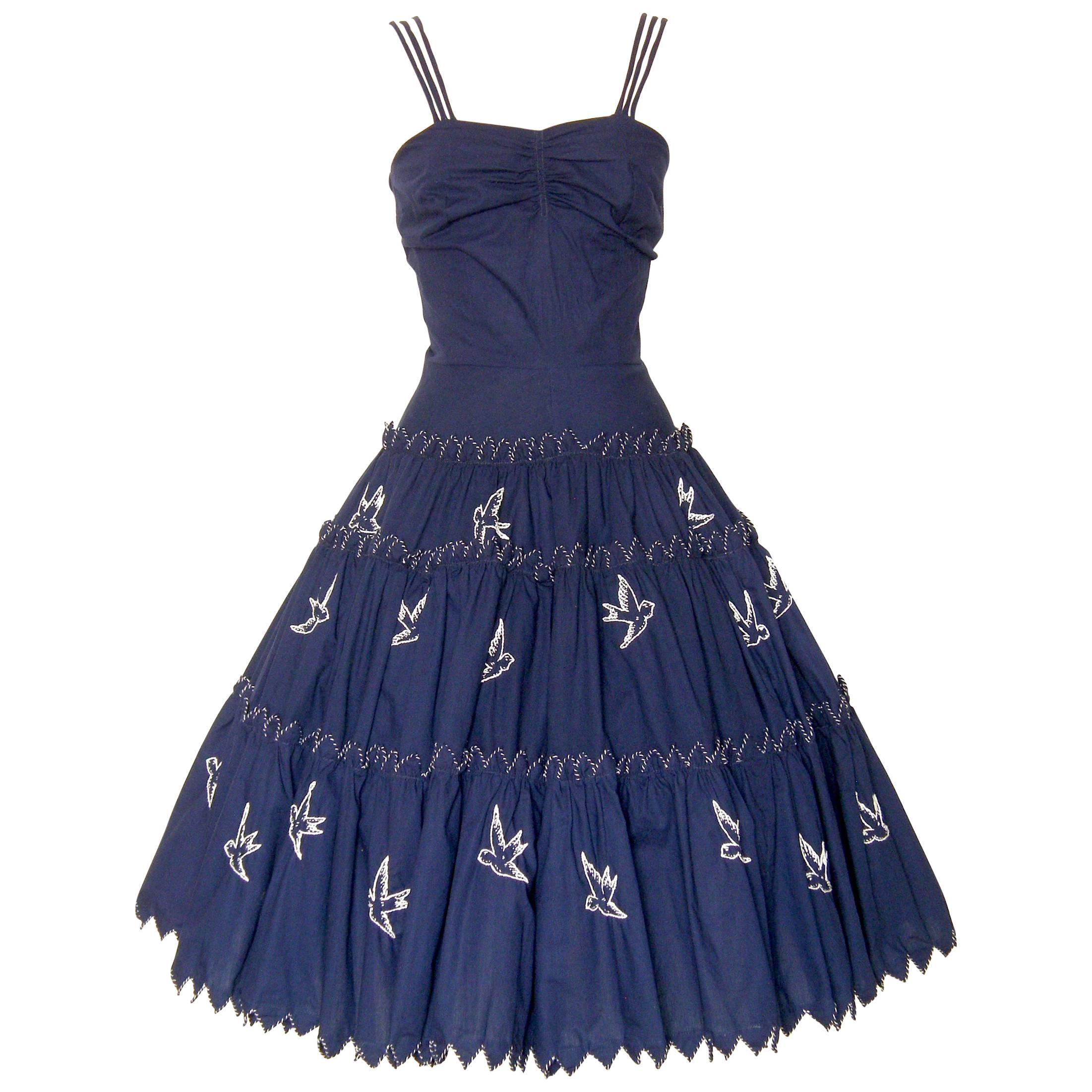 Tachi Castillo Navy Blue Cotton Dress with Embroidered Birds