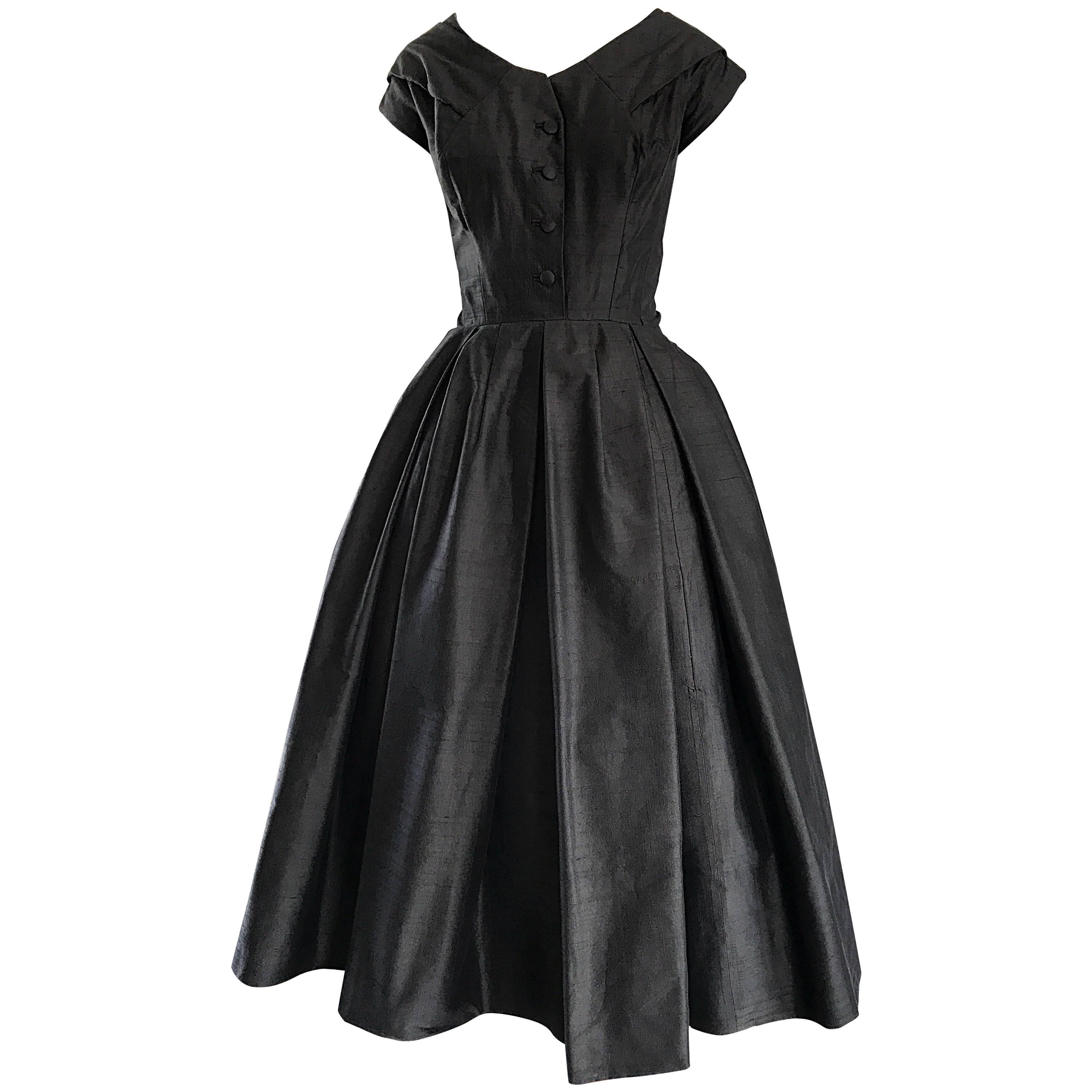 Rare 1950s Christian Dior Haute Couture ' New Look ' Vintage Black Silk Dress